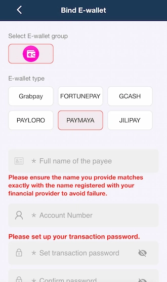 Enter the full name of the payee name and your e-wallet account number.