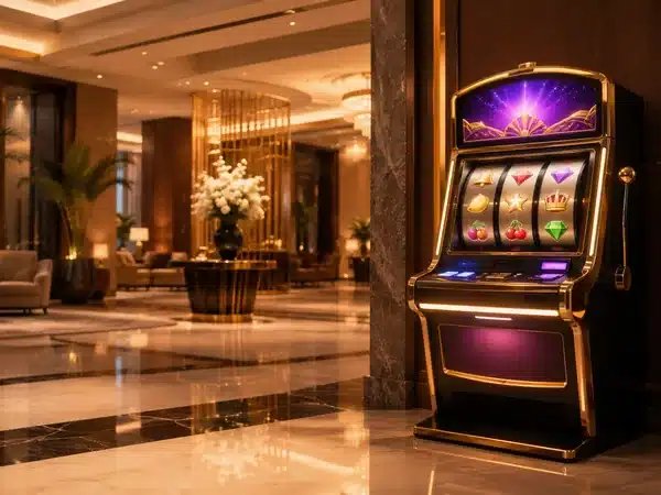 Casino slot cabinet in an illuminated lounge